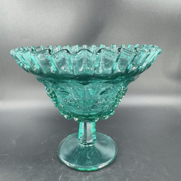 Westmoreland Laurel Green Paneled Grape Pedestal Compote Bowl Dish Wavy Edges - Picture 10 of 14